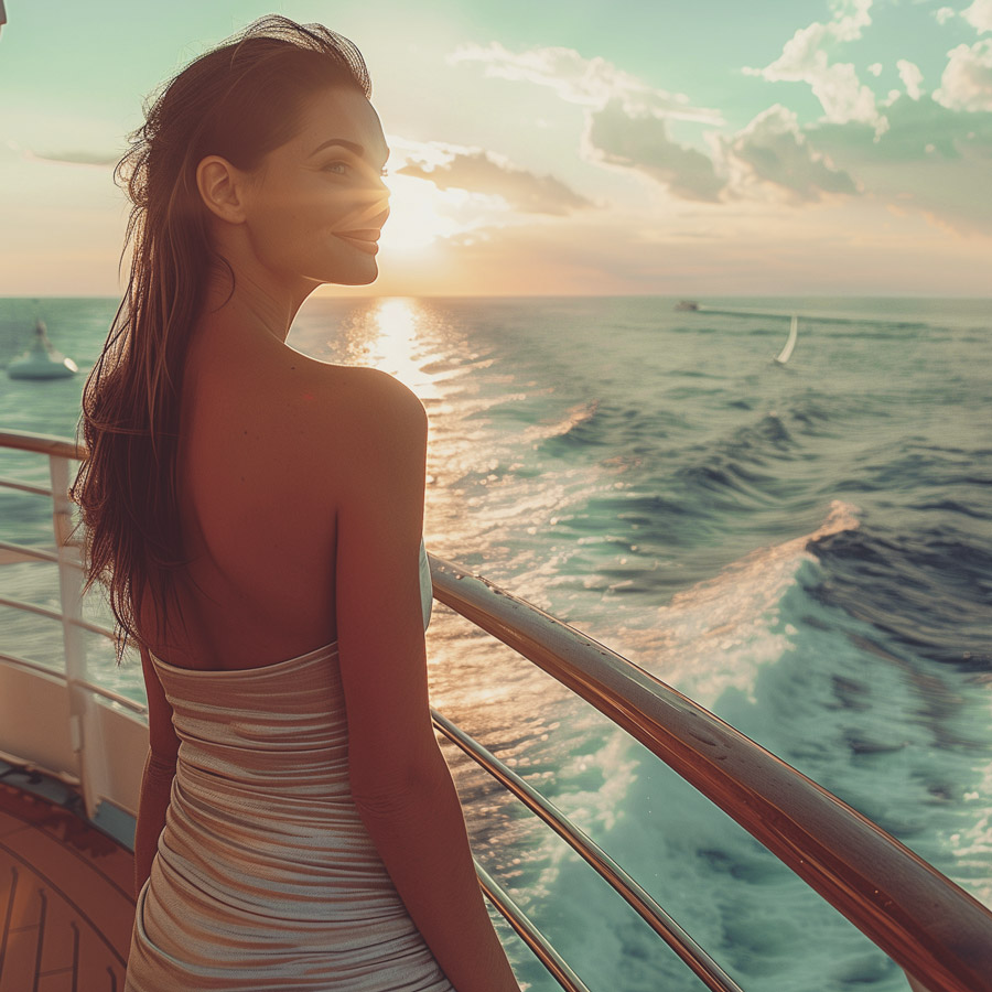 Frau in einem weißen Kleid steht an Reling mit Blick auf das Meer